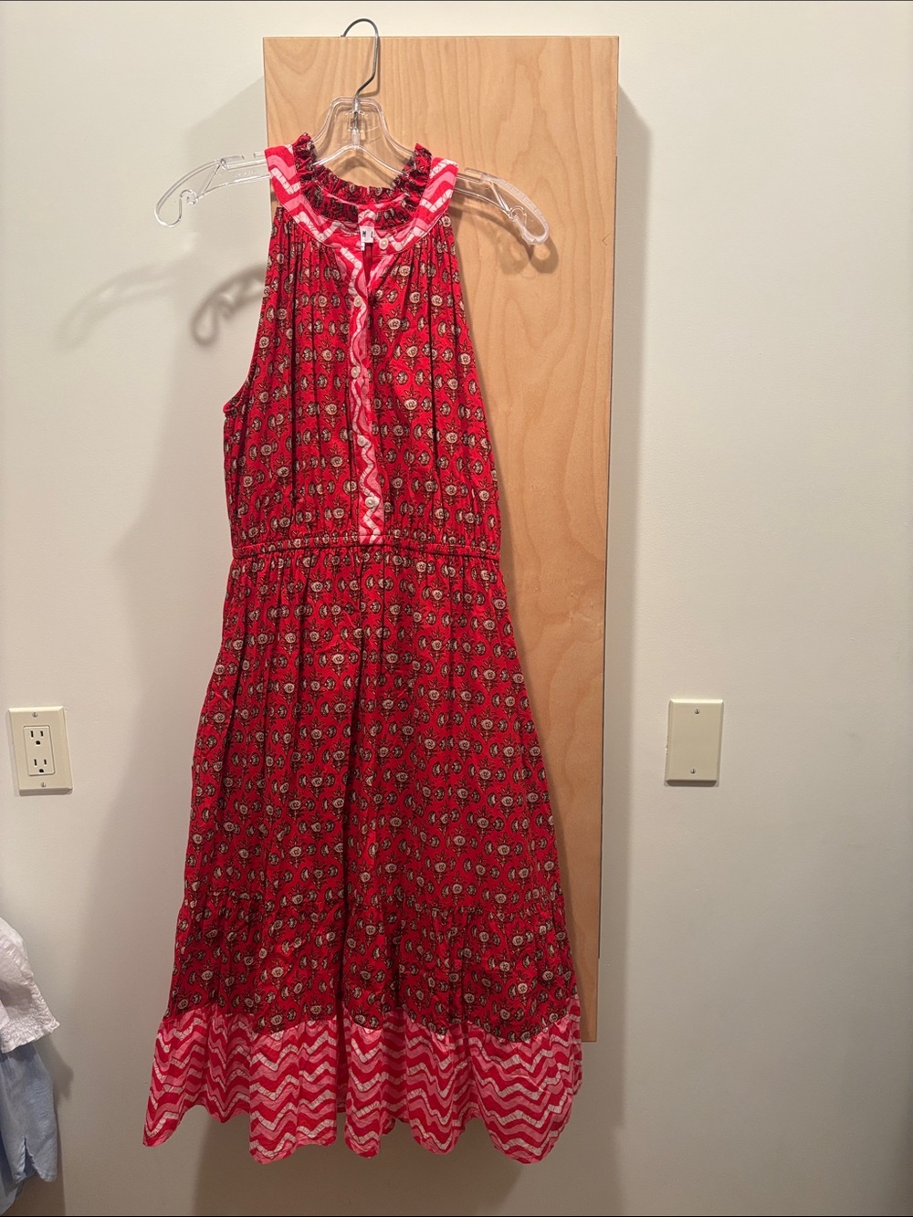 THML Red Printed Halter Maxi Dress with Chevron Hem